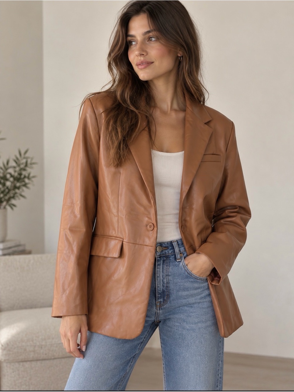 Classic Brown Vegan Leather Blazer Jacket